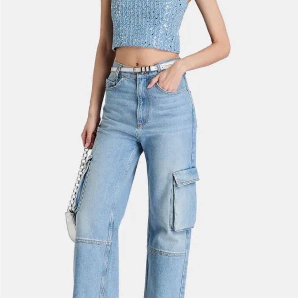 COPY - Rotate Birger Christensen Strapless Sequin Denim Top in Mid Denim